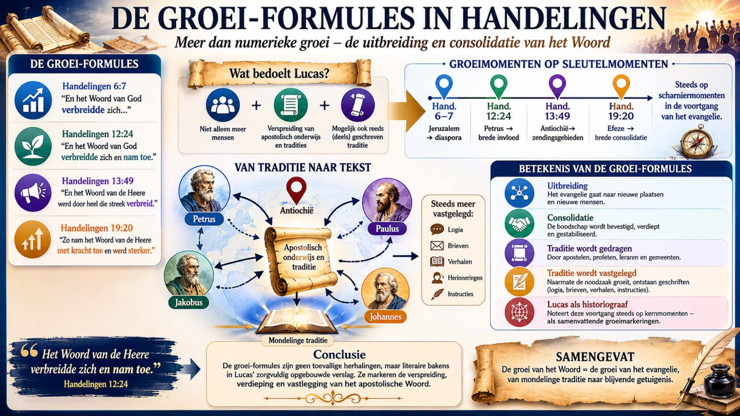 Infographic: De Groei-Formules in Handelingen — Meer dan numerieke groei – de uitbreiding en consolidatie van het Woord — categorie Handelingen & vroege kerk