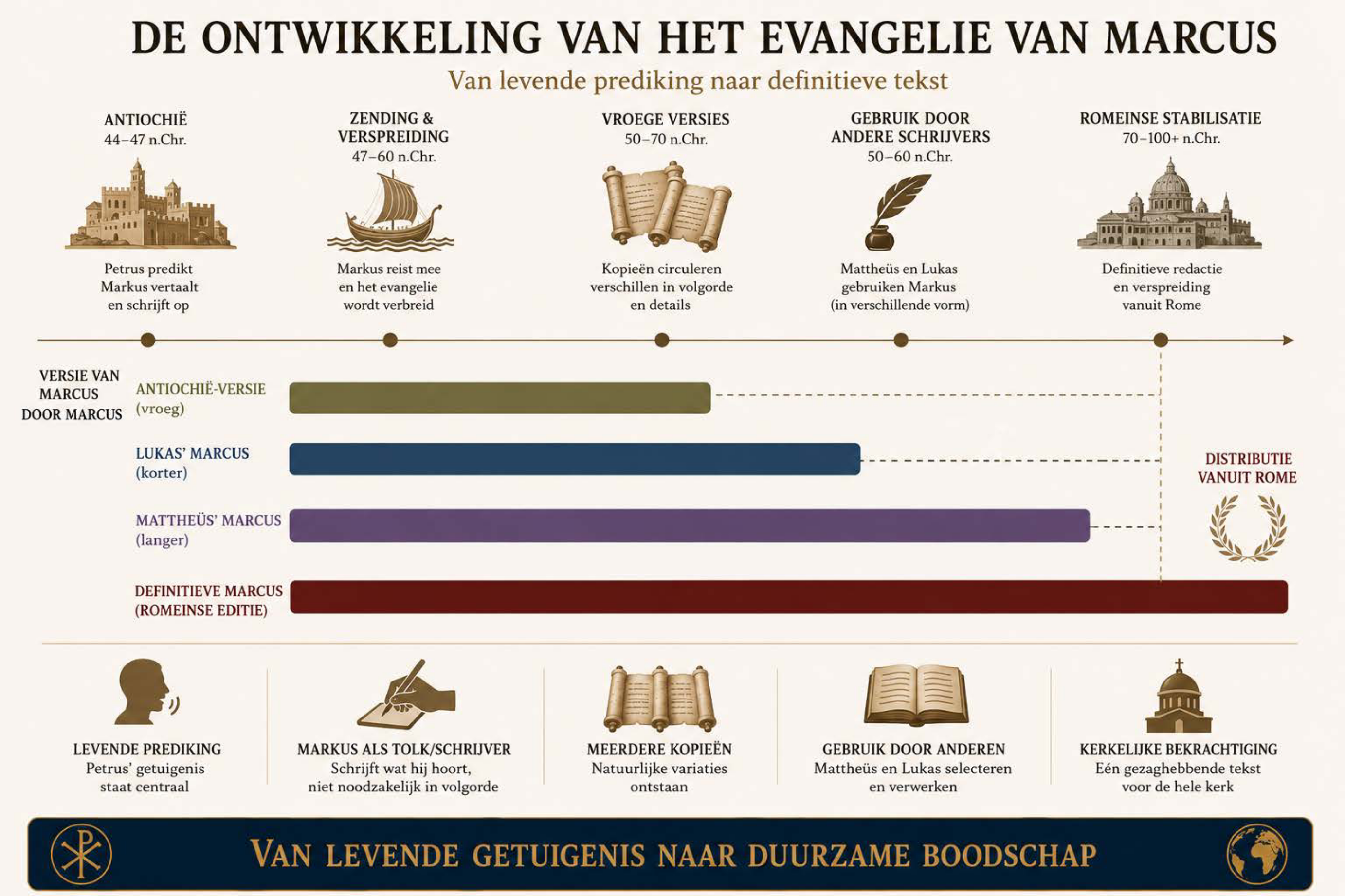 Infographic: De Ontwikkeling van het Evangelie van Marcus — Van levende prediking naar definitieve tekst — categorie Evangeliën
